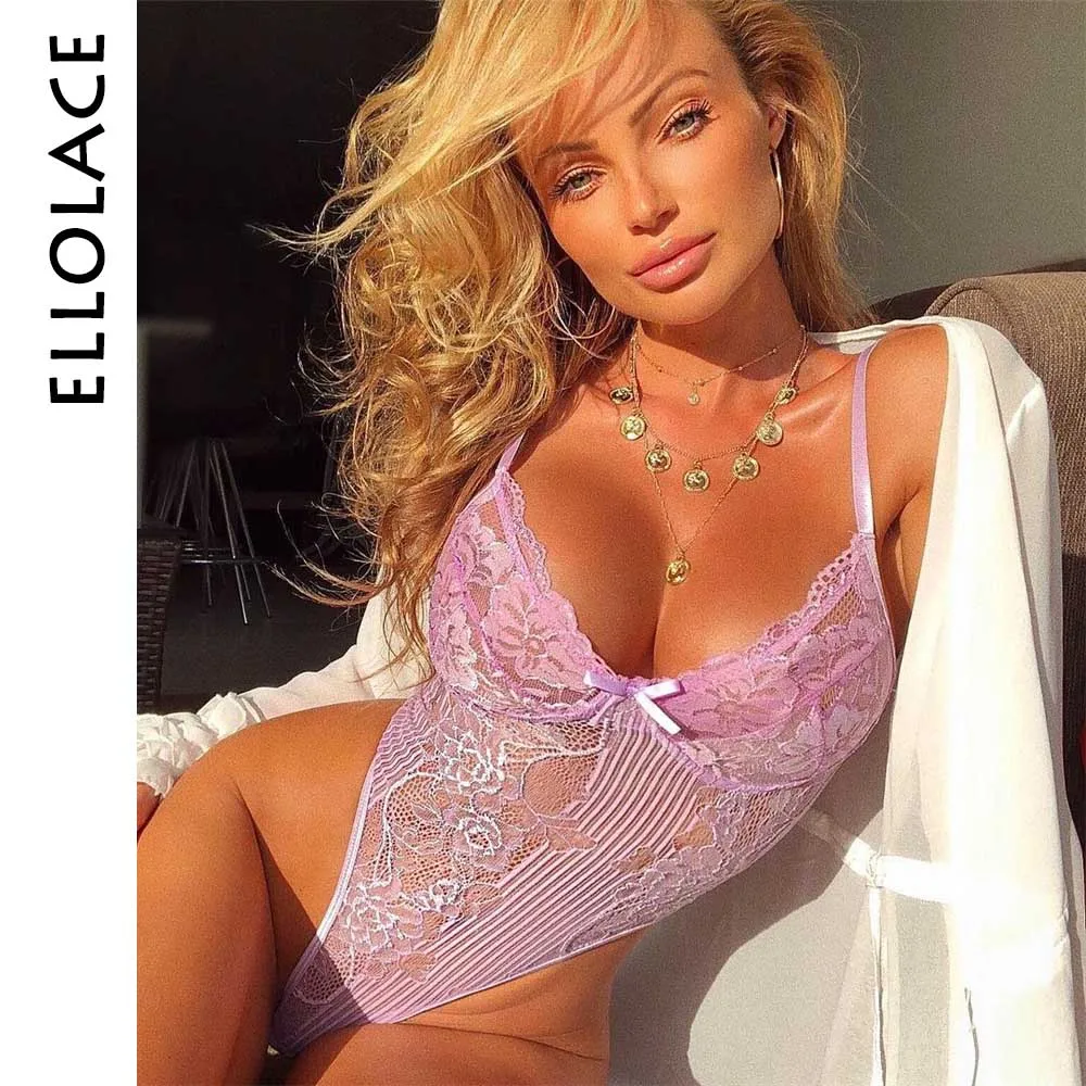 Ellolace النيون الصيف 21 الألوان بودسوت/ بدلة الجسم المصنوعة من الدانتيل النساء الأزهار التطريز ربطة القوس فيونكة شفافة مثير ارتداءها بذلة وزرة ح...