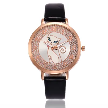 

FUNIQUE Minimalist Women Rhinestone Clock Watch Leather Quartz Wrist Watch Sweet Cat Bracelet Watches Women For Dropshipping