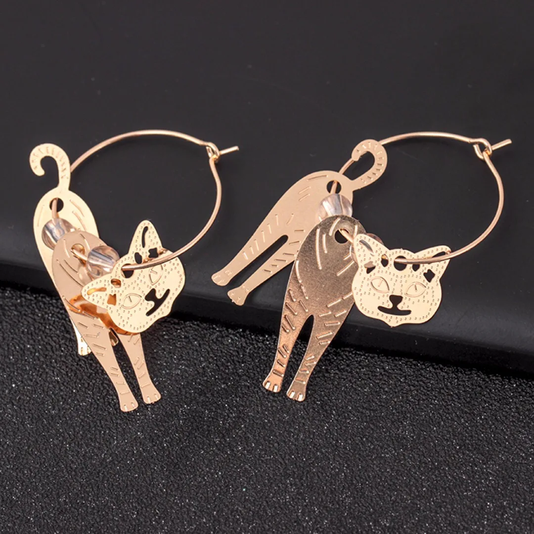 Cute Gold Cat Dangle Earrings Brincos Mujer Faux Pearl Circle Hook Earrings Pendientes For Women Fashion Jewelry Shellhard