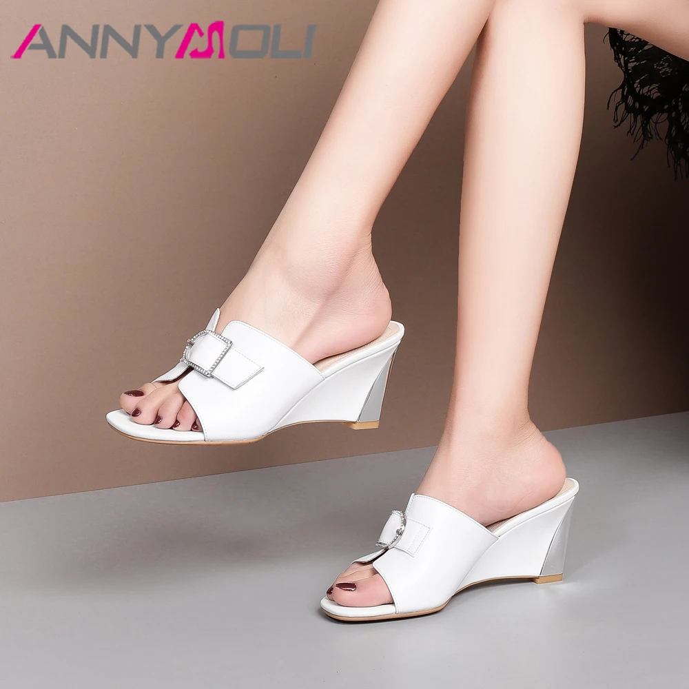 

ANNYMOLI Summer Slides Women Shoes Natural Genuine Leather Rinestone Wedge High Heels Shoes Buckle Open Toe Slippers New Sandals