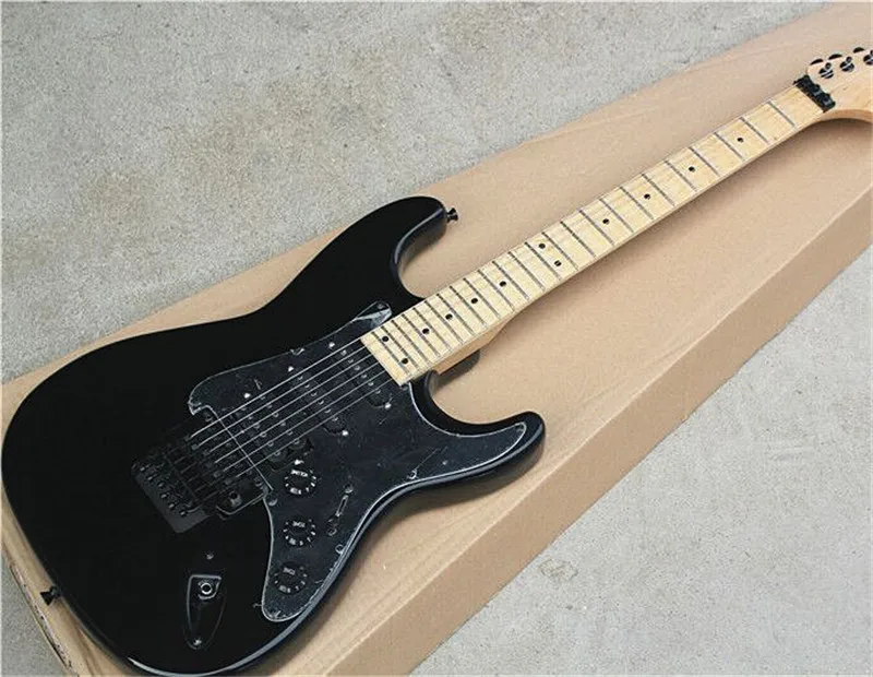 

Hot black electric guitar, with black guard board /hardware and maple finger board, Tremolo, can be customized as you request