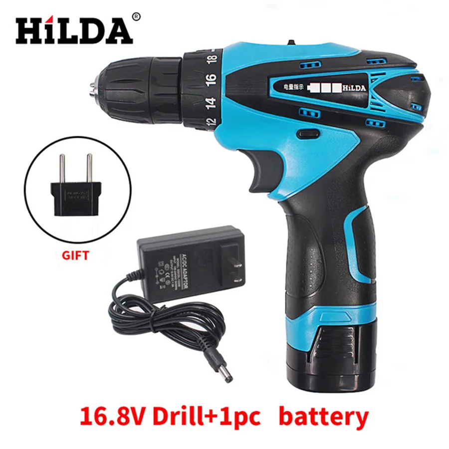 

HILDA 16.8V Cordless Screwdriver Electric Drill Two-Speed Rechargeable Waterproof Hand LED Light with 1pc Lithium Battery