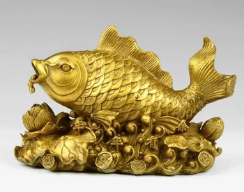 

SHUN China Brass Copper Auspicious Wealth Money Lotus Fish Carp Art Decoration Statue