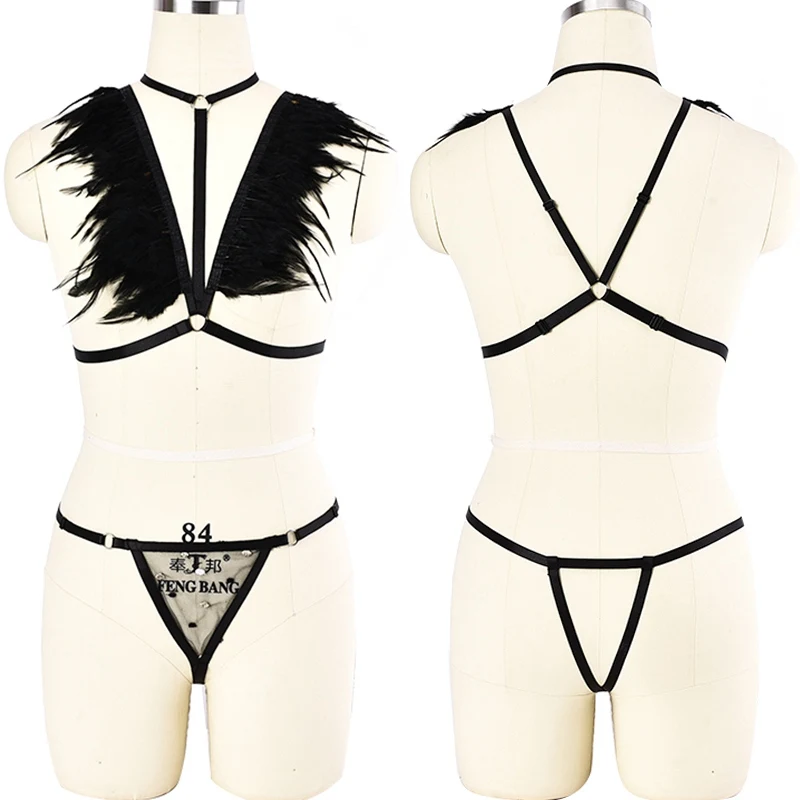 

Feather Body Harness Belt Set Black Top Cage Bra Adjustable Mesh Embroidery Sexy Lingerie Goth Fetish Pantie G-string Thongs