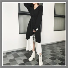 Chic-Women-Dress-Fashion-High-Waist-Long-Sleeve-V-Neck-Mid-calf-Dress-Ladies-Lace-Up
