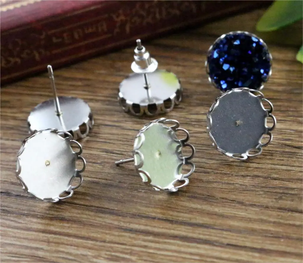 Не выцветает) 12 мм 20 шт серьги из нержавеющей стали шпильки, серьги пустые/основание, подходят 12 мм Стеклянные Кабошоны, пуговицы; серьги безели(T2-30