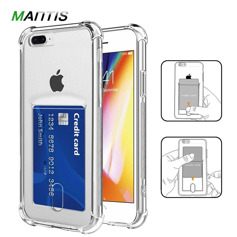 MANTIS Airbag Card Holder TPU Phone Case ID Credit Card Slot Soft Clear Cover for iPhone XS Max 5 5s SE 6 6S 7 8 Plus X XR Funda