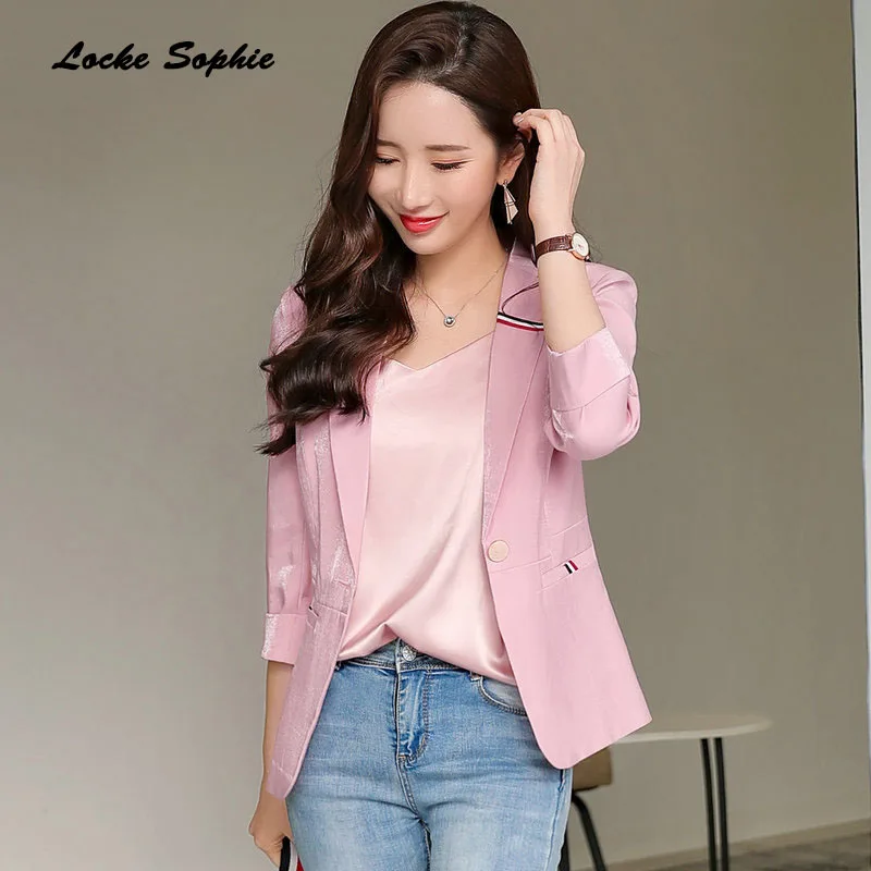 1pcs Women's Plus size Blazers coats 2019 Summer cotton blend Splicing stripe Small Suits jackets ladies Skinny Blazers Suits