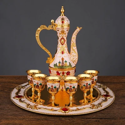Европейский русский Ретро колба золотой белый кофейный винный набор чайный набор замок узор металлический отель/номер Декор 1 тарелка+ горшок+ 6 чашек - Цвет: A