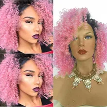 Ombre Pink Curly Synthetic Lace Front Wigs for Women Black to pink Kinky Curly Heat Resistant Lace Front Synthetic Wig cacheado