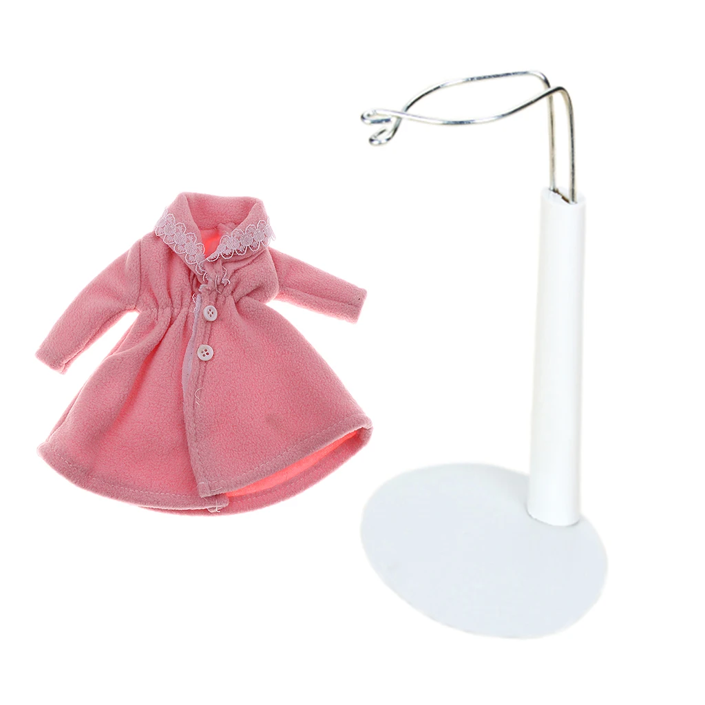 White Adjustable Doll Stand Display Holder And Pink Plush Coat For   Dress-up Accessory