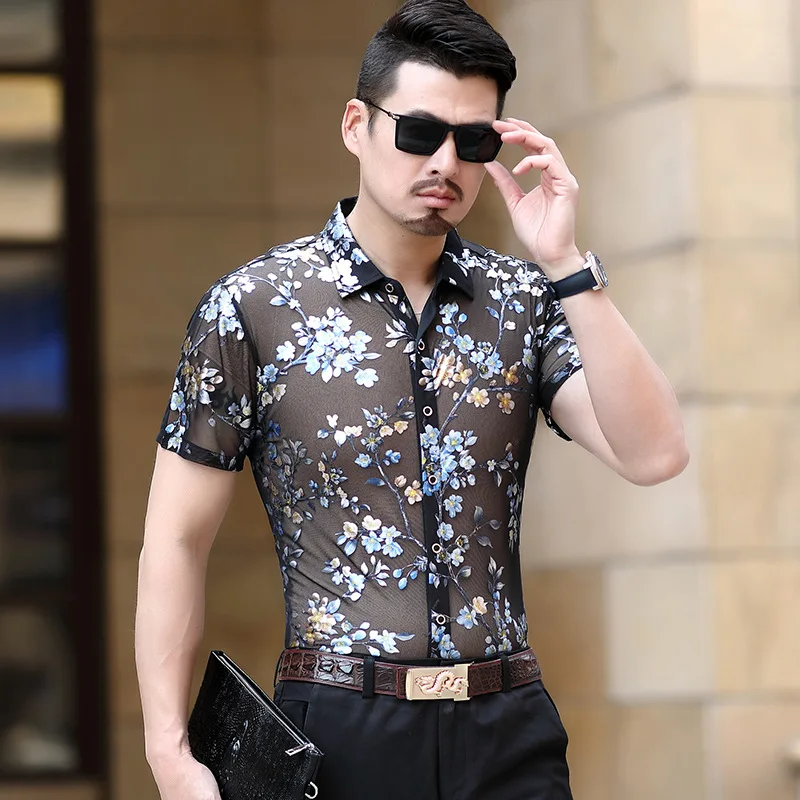 Men See-through Slim Short Sleeve Embroidery Flower Formal Button T-Shirts kk00 