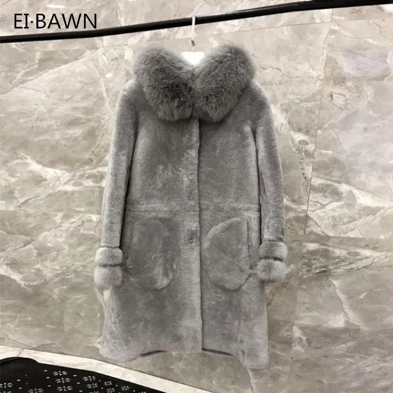 

Real Fur Coat Sheep Shearing Long Winter Coat Women Clothes 2019 Wool Jacket Real Fox Fur Collar Hooded Winter Coat Women
