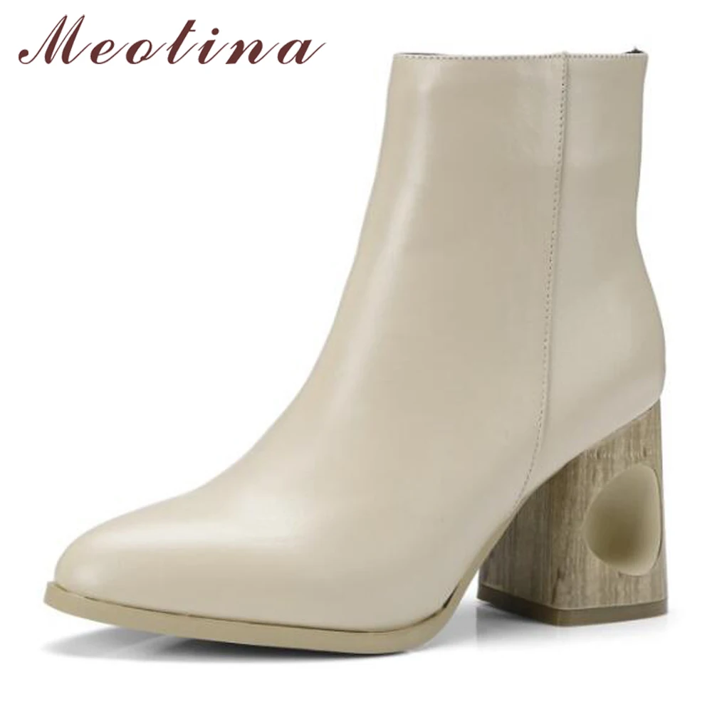 

Meotina Genuine Leather Winter Women Ankle Boots Block High Heel Boots Leather Boots Pointed Toe Ladies Autumn Shoes Big Size 42