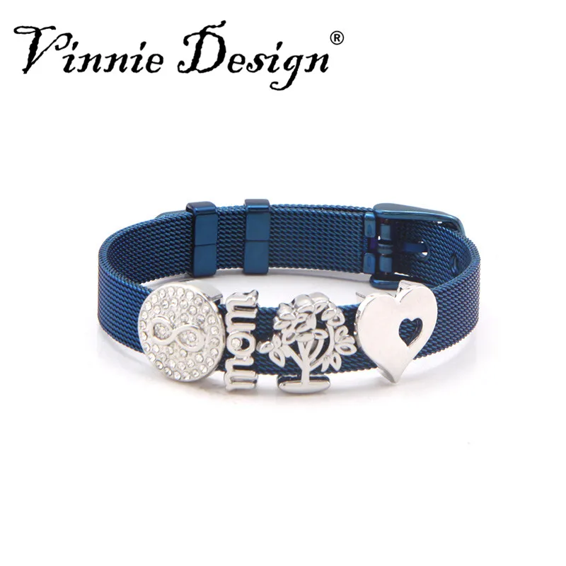 

Vinnie Design Jewelry Keeper Stainless Steel Blue Mesh Bracelet with 4pcs Silver Slide Charms