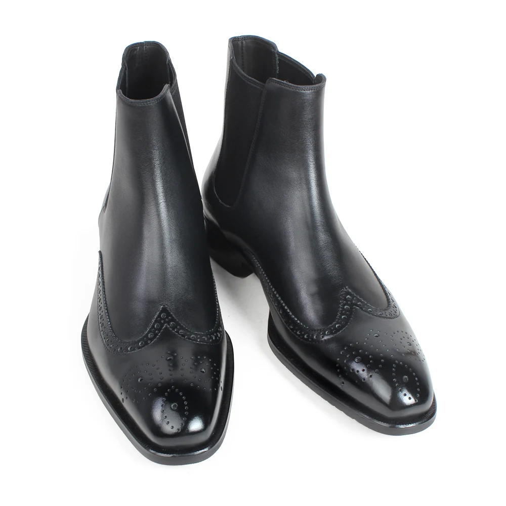Fait Vikeduo Botas Hommes Chelsea Black Brogue Plat Sur Bottines Mesure Cuir Patine En Vache Véritable Pour Noir Peau Hiver De Plein TiPkXuOZ