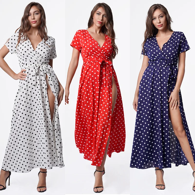 

2019 summer Autumn Independent design irregular Fold slit to the thigh lace up spotted Dress Print Sexy V-Neck Boho Beach Casual