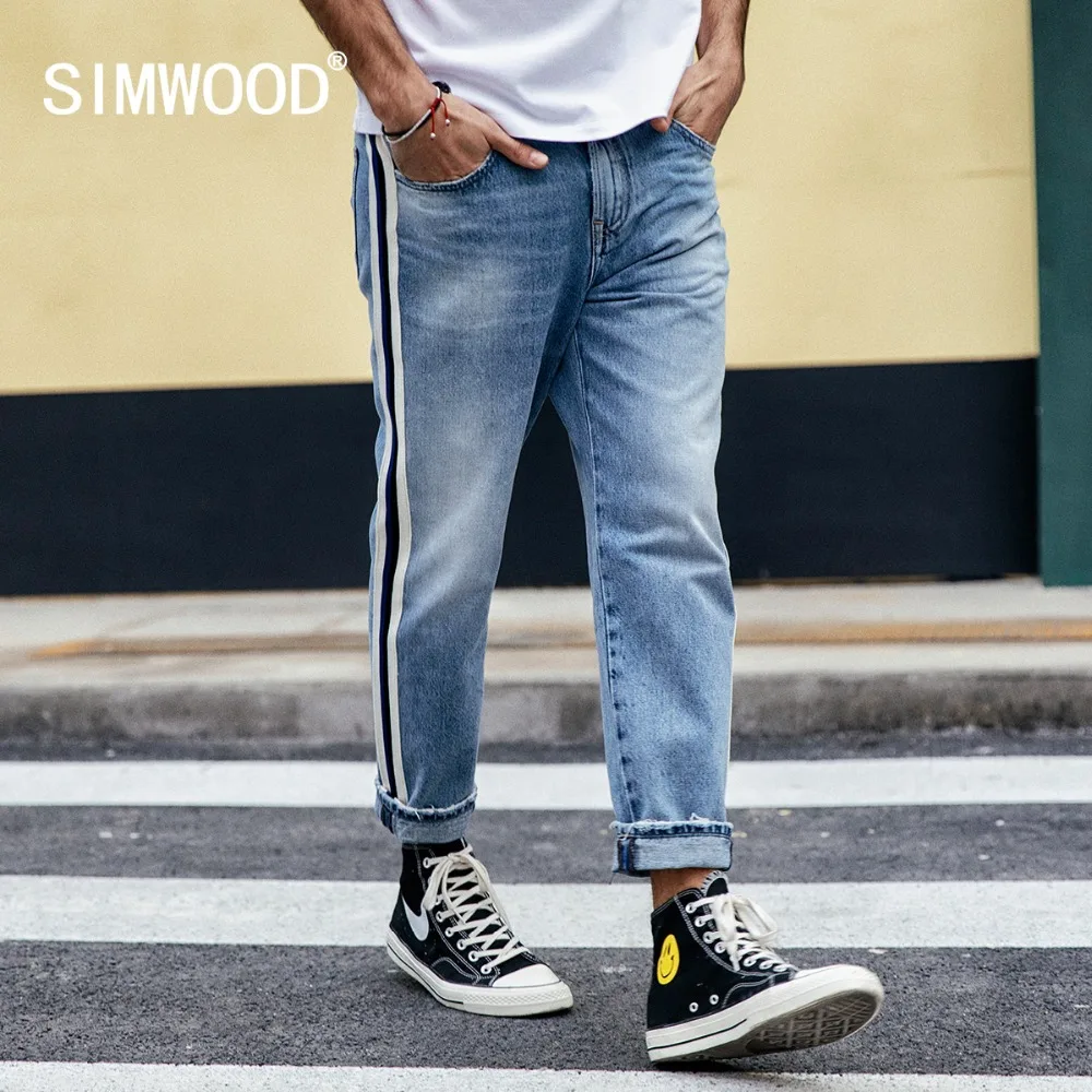 

SIMWOOD 2019 Jeans Men Fashion Track Neon Striped Loose Denim Pants Casual Ankle-Length Plus Size High Quality Clothing 190032
