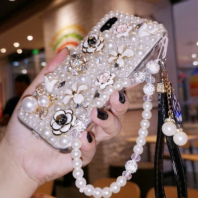 

for Huawei Honor8 9 10 20 Lite V10 V20 7X 8X Nova5 3 4 5 Case Hot Luxury Pearls Diamond Soft smart phone Case girl Lanyard Cover