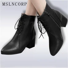 Plus Size 34-45 New Classic Women Ankle Boots Stylish Pointed Toe Square Heels Lace-Up Black Shoes Woman Motorcycle Leather Boot цена Plus Size 34-45 New Classic Women Ankle Boots Stylish Pointed Toe Square Heels Lace-Up Black Shoes Woman Motorcycle Leather Boot цены онлайн