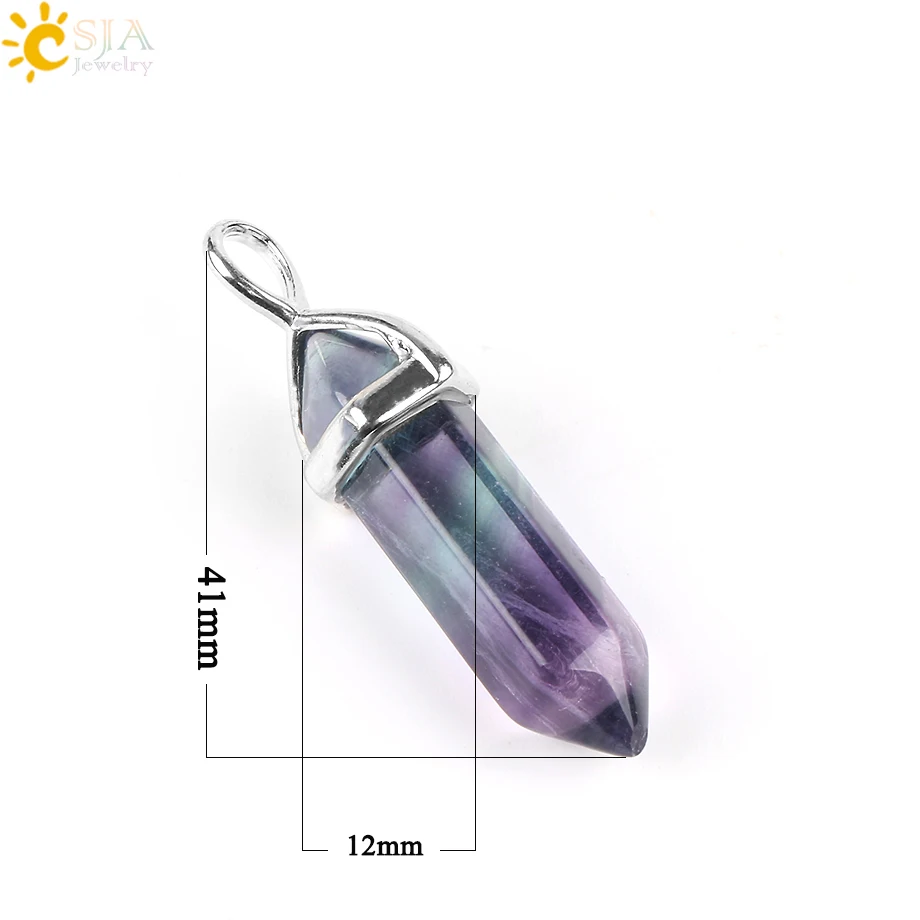 CSJA Fluorite Necklaces Crystal Pendants Suspension Natural Gem Stone Quartz Bullet Hexagonal Pendulum Reiki Chakra pendulo E546 - Image 4