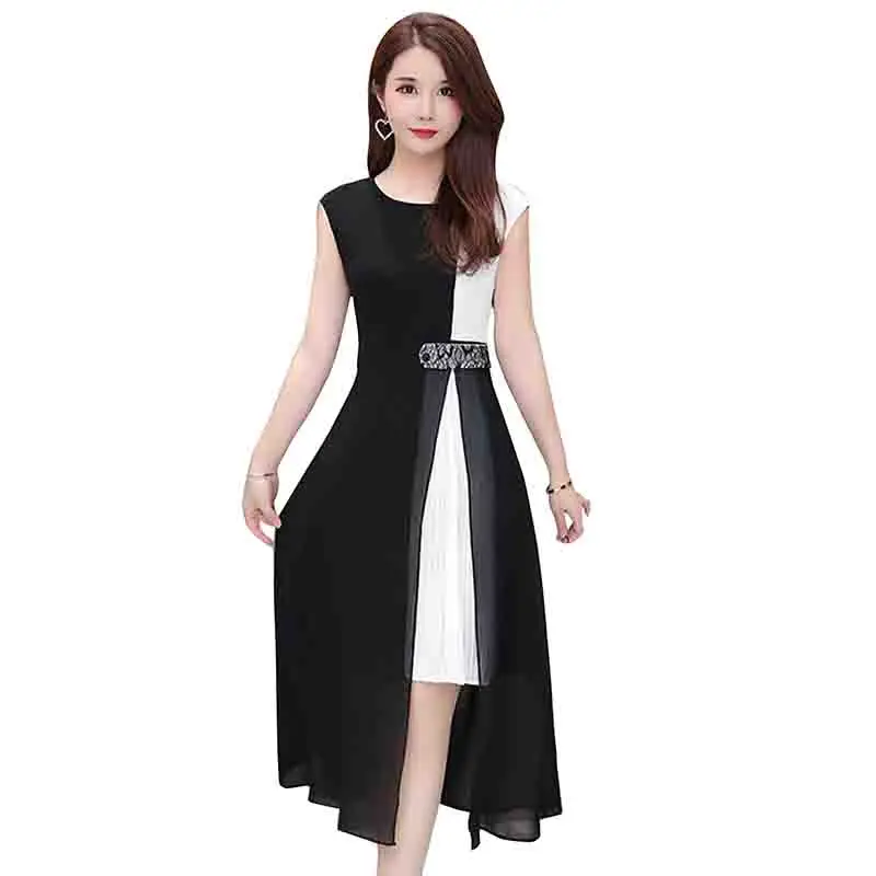 

2019 Korean Vintage Summer Dresses Women Plus Size 5XL Patchwork Split Chiffon Beach Long Dress Elegant Short Sleeve Vestidos