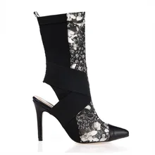Популярная модель стильные сапоги до середины икры с вырезами заостренный носок открытый каблук модные женские сапожки эластичная ткань цветочный принт без застежки модельная обувь