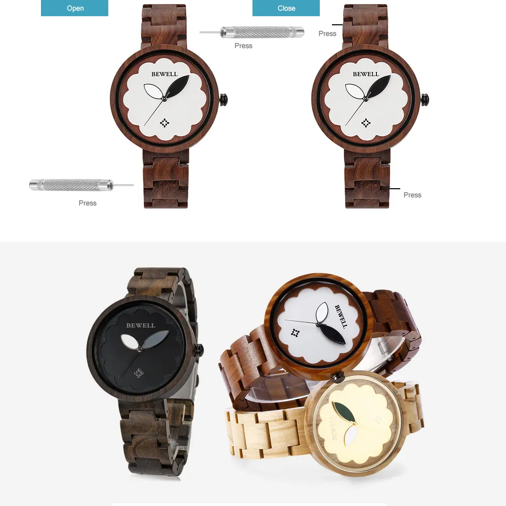 BEWELL ZS - W152A Female Wooden Watch Bloom Dial Leaf Luminous Pointer Natural Wristwatch for Women