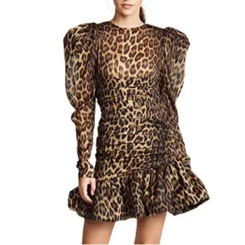 

Winter Leopard Bodycon Dress Elegant Puff Sleeve Celebrity Sexy Ruffles Evening Party Long Sleeve Dresses Women