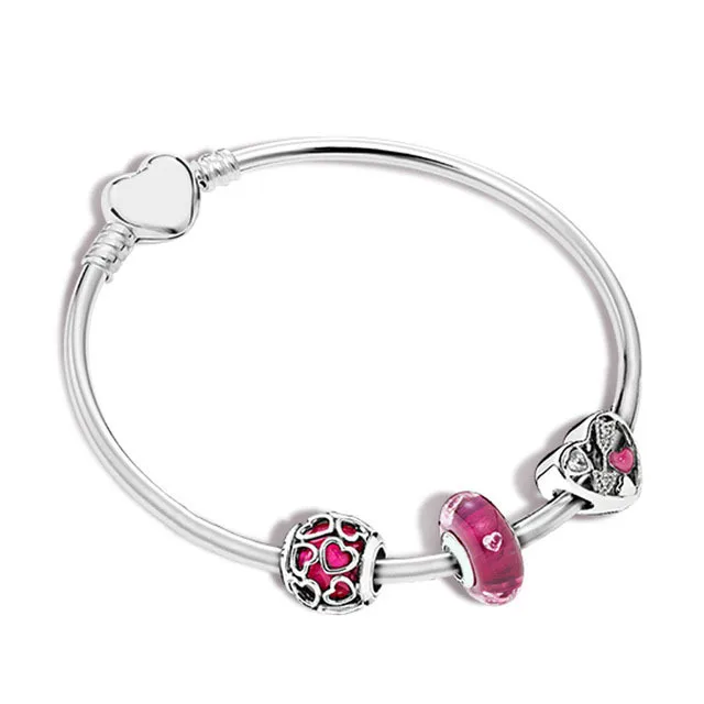 

100% 925 Sterling Silver 1:1 Green Pavement Charm Ball Petalsclip Boa Sorte Pendurated Charme Four -leaf Clover Bangle Set