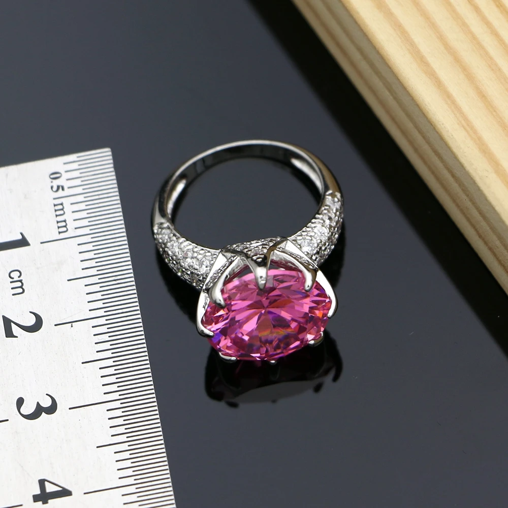 Серебро 925 ювелирные изделия Большой розовый кубический циркониевый костюм комплекты украшений для женщин серьги с кольцо с камнями ожерелье набор дропшиппинг