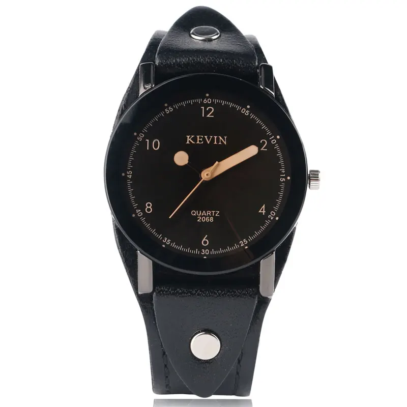 

KEVIN Retro Unisex Leather Bracelet Watch Fashion Full Black Rock Punk Quartz Wristwatches Wide Matches Analog Male Female Clock