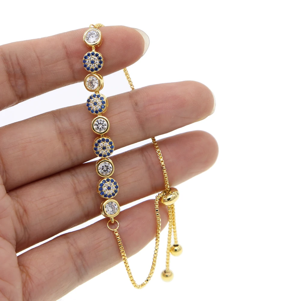 

2019 New mix 3 color gold rose silver color 5mm sparking AAA+ cz evil eye link chain girl women turkish jewelry pave cz bracelet