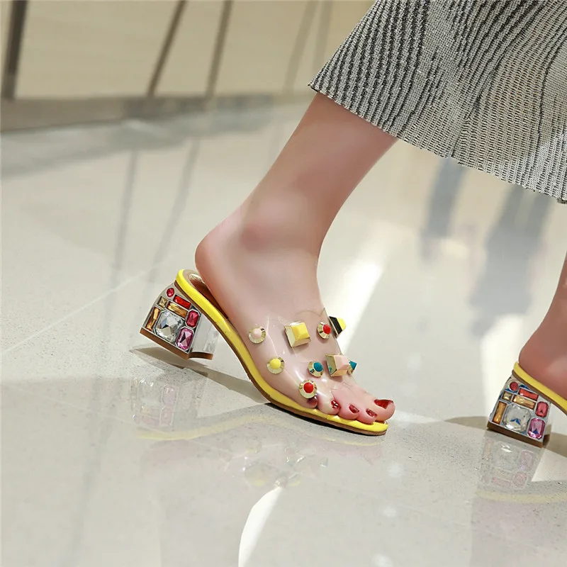 MORAZORA new fashion women sandals pvc rivet transparent summer sandals square heels party wedding shoes woman slipper