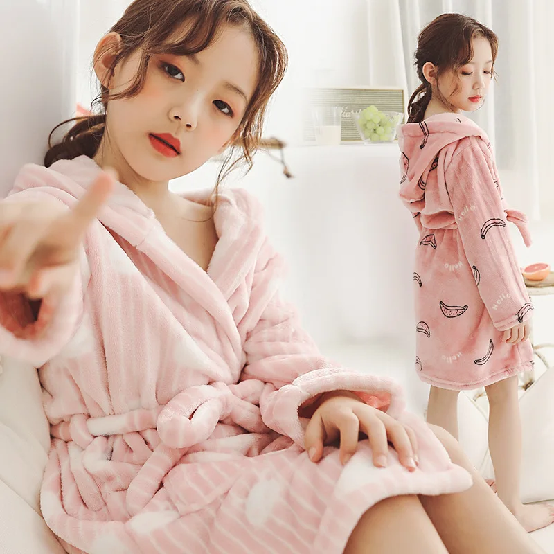 

Children Girls Bathrobes Autumn Winter 2019 Thicken Warm Pajamas Kids Hooded Dressing Grown Cartoon Flannel Sleepwear for Teens