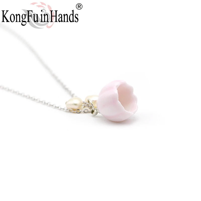 

Lilium Necklace Earring Jewellery Set 925 Sterling Silver Freshwater Pearl Ceramics Ornament Pink Romantic Jewelry