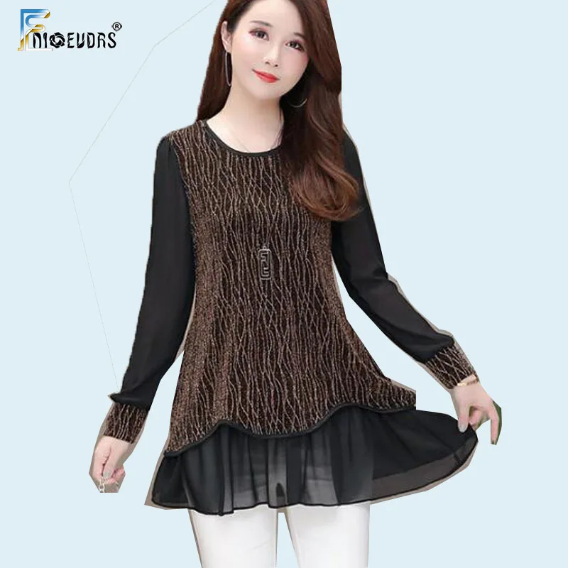 Plus Size Clothes 5XL 4XL 3XL Tunic Top Women Belly Peplum Patchwork Sheer Mesh Glitter Faux Two Piece Blouse Shirts | Женская одежда