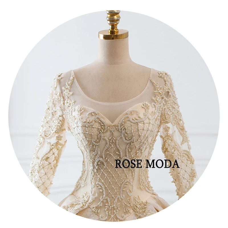 Rose Moda роскошное Золотое свадебное платье с длинными рукавами кружевное свадебное платье es с бусинами и длинным шлейфом реальные фотографии