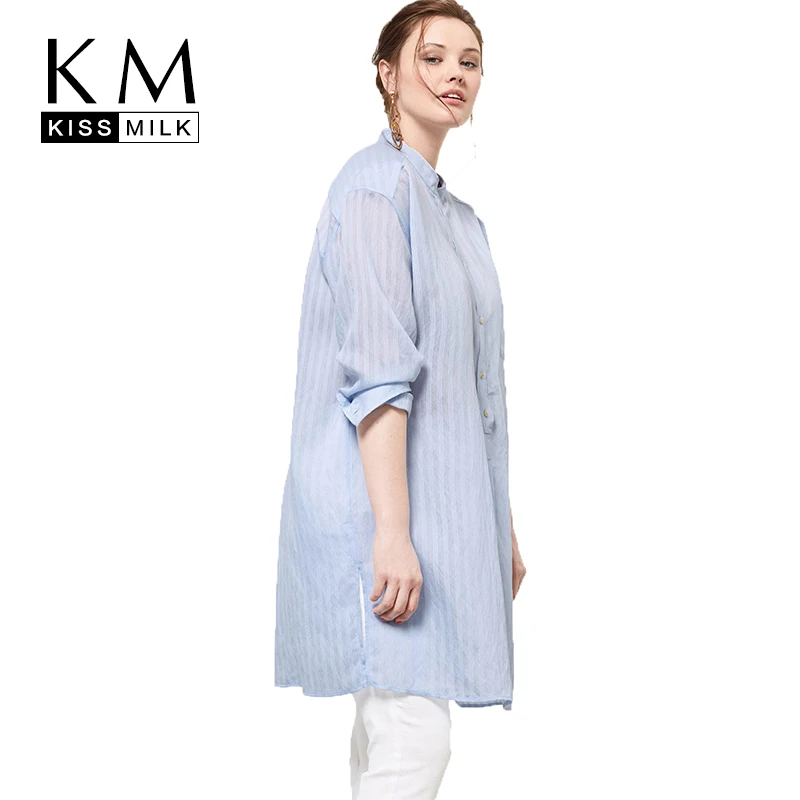 Kissmilk Women Plus Size Semi Sheer Button Down Shirt Dress Long Sleeve Stripe Turn Collar Big Loose Dress|shirt dress long|dresses big sizescollar |