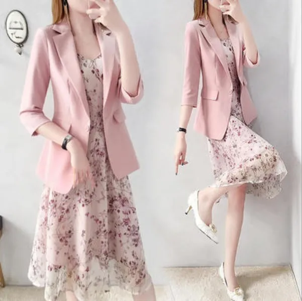 

Women Elegant Floral Dress Suits for Women Pink Blazer and Dress 2 Two Piece Set Clothing Women Korean Casual Dresses Suit