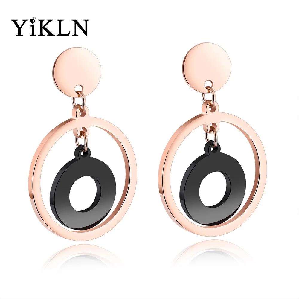 

YiKLN Fashion Rose Gold Color Double Circle Black Acrylic Earrings Stainless Steel Dangle Earrings For Women Brincos YOGE374