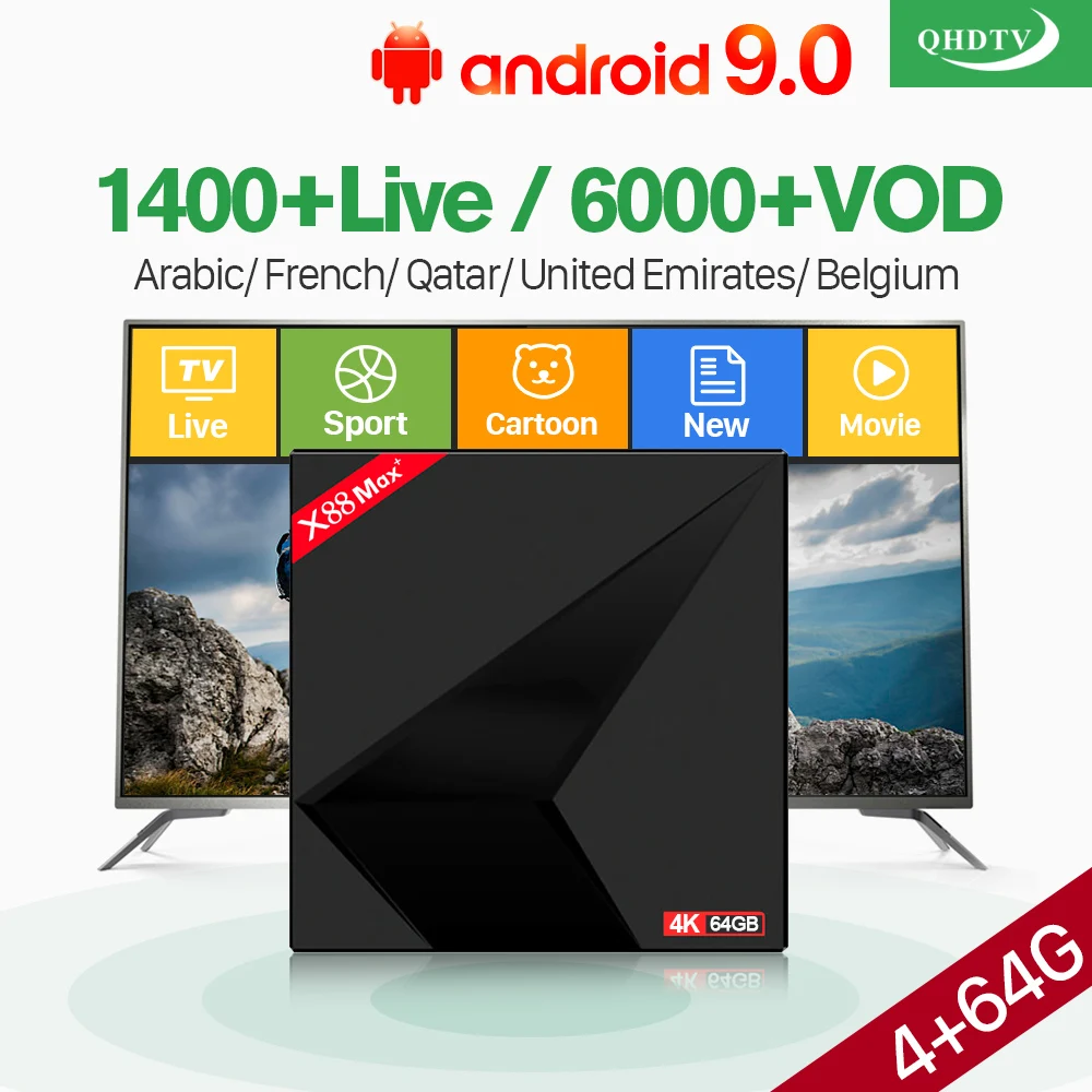 Android 9.0 France IPTV Subscription Box X88 MAX+ 4+64G Support BT USB 3.0 RK3328 4K IP TV 1 Year QHDTV Arabic Belgium Dutch Box