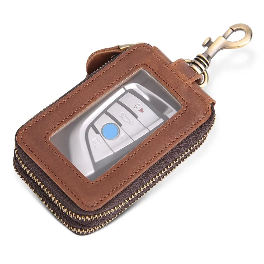 

Wholesale 2019 Genuine Leather Man Key Wallets Short Square Cowhide ID Card Holder Zipper Multi-function Car Key Chain Wallet