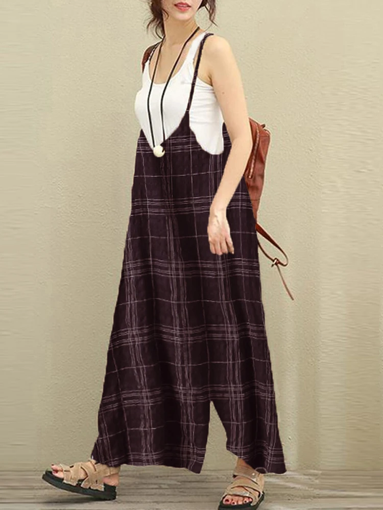 Women Plaid Retro Vacation Jumpsuits Dungarees Wide Leg Trousers Loose Long Pants Overalls Cotton Braces Casual Sleeveless Jumpsuits and Playsuits