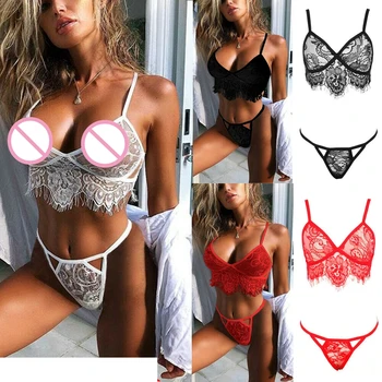 

Women 2pcs Sexy Lingerie Lace Hollow Bra High Waist Thong Nightwear Sleepwear Babydoll G-string Bra & Brief Sets