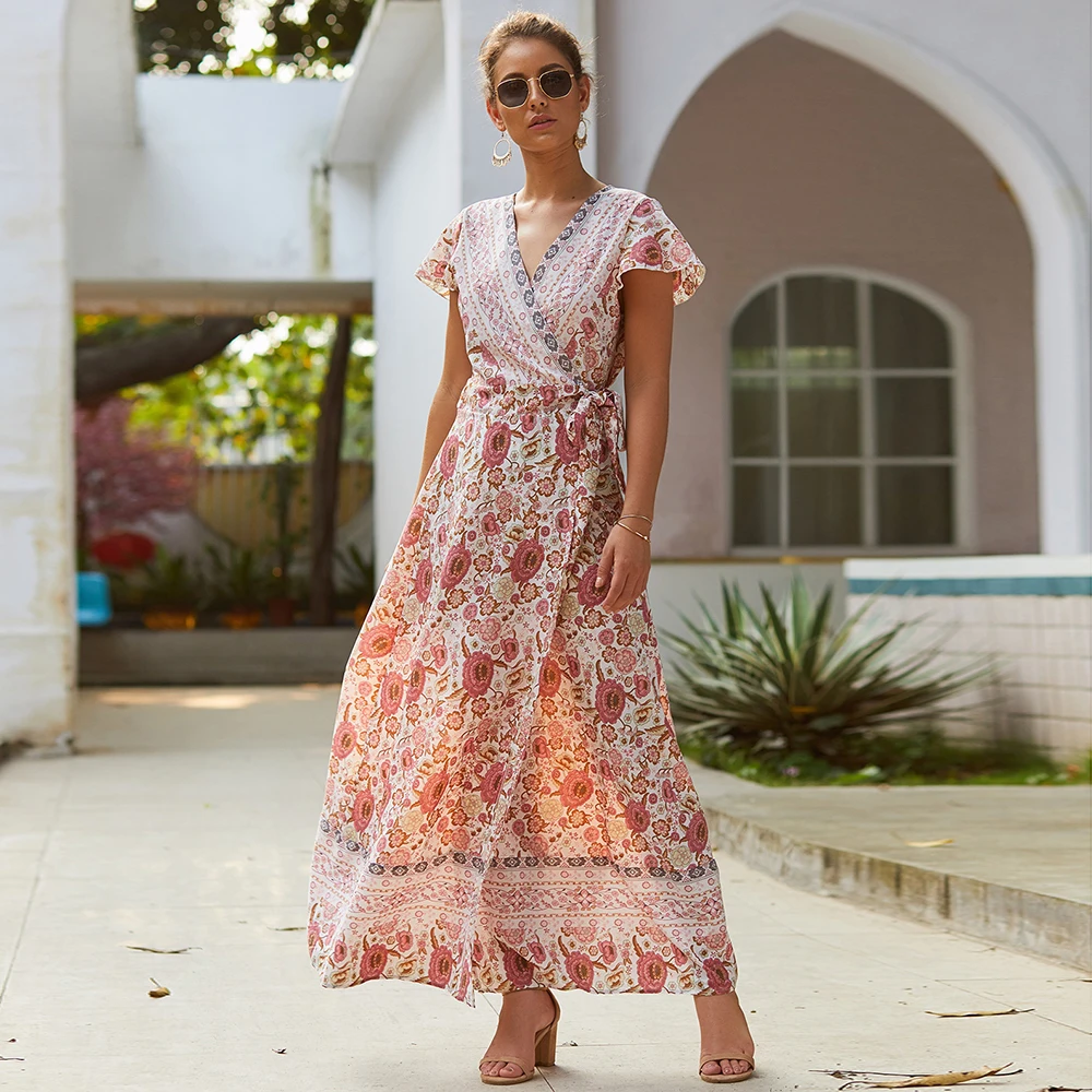 

Women Dress Ladies Cocktail Summer Long Sundress Fashion Short Sleeves Maxi V Neck Casual Beach A Line Boho Vintage