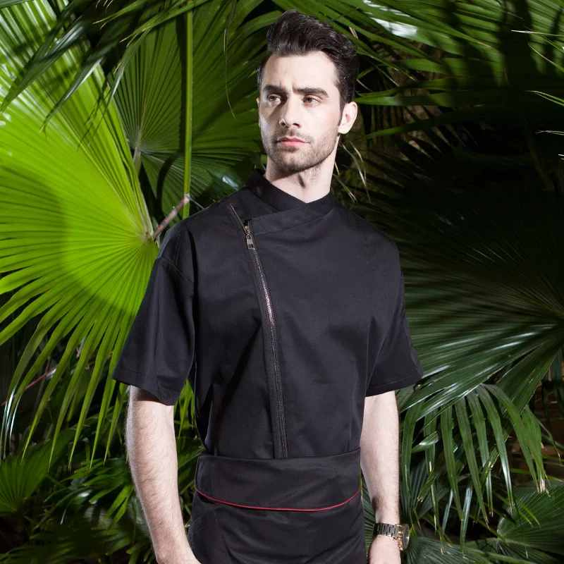 

New arrival summer short sleeve hotel&chef uniform form men black zip clossure chef jackets