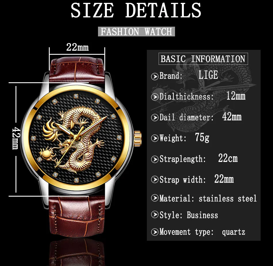 2021 LIGE New Golden Mens Watches Top Brand Luxury Chinese Dragon Watch Business Full Steel Quartz Clock Male Relogio Masculino
