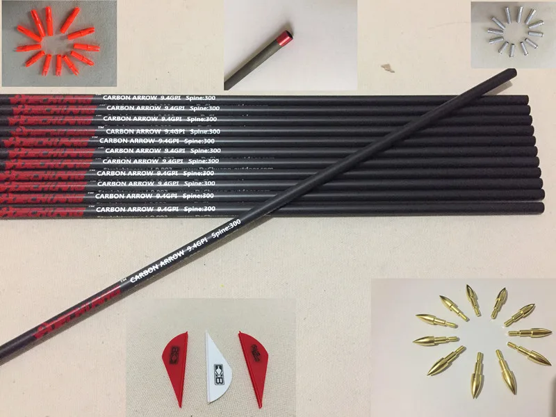 

12pcs Pure Carbon arrow shaft sp300 + 12pcs arrow insert +12pcs arrow nock +36pcs arrow vane +12pcs point Explosion-proof ring