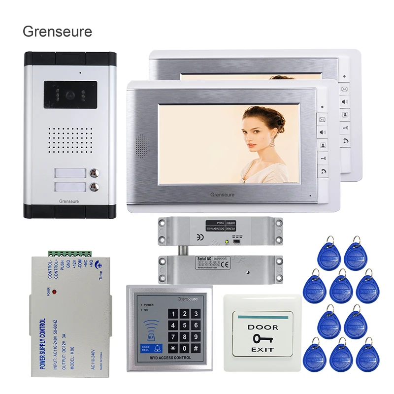 

FREE SHIPPING Apartment 7" Video Intercom Door Phone System 2 Monitor + Doorbell Camera for 2 Family RFID Keypad Drop Bolt Lock